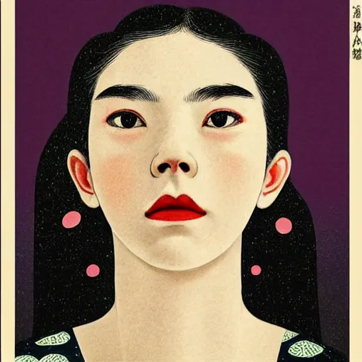 Image similar to “ anya taylor - joy portrait by ikenaga yasunari and ayana otake and ko rakusui, 6 0 s poster, drawing, realistic, sharp focus, japanese, dreamy, nostalgia, faded, golden hues, floral clothes, porcelain skin ”