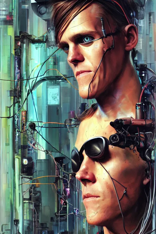 Image similar to zack greinke as a cyberpunk hacker, wires cybernetic implants, by adrian ghenie, esao andrews, jenny saville, james jean, dark art