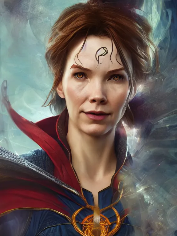 Prompt: female doctor strange, au naturel, hyper detailed, digital art, trending in artstation, cinematic lighting, studio quality, smooth render, unreal engine 5 rendered, octane rendered, art style by klimt and nixeu and ian sprigger and wlop and krenz cushart