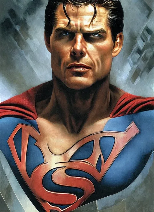 Image similar to renaissance grotesque portrait painting of old angry tom cruise as superman 2 0 7 7, sentry, superior, character redesign by lee bermejo and greg rutkowski and alphonse mucha