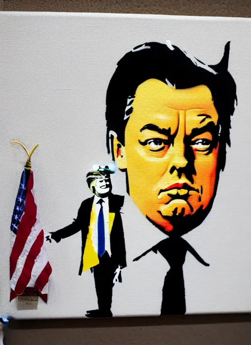 Image similar to banksy donald trump the wolf of wall street art on canvas