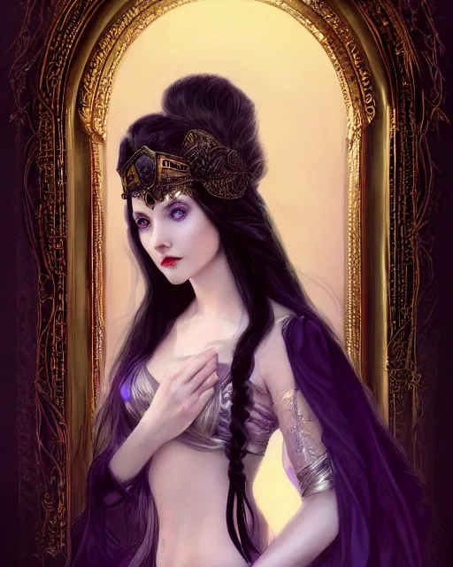 Image similar to a beautiful image of a young woman, Liliana vess the last hope, long flowing black hair, ornate headdress, Victorian purple and black costume, young female face, cinematic top lighting, insanely detailed and intricate, face by wlop, Charlie Bowater, golden ratio, symmetric, elegant, ornate, luxury, elite, matte painting, cinematic, trending on artstation, deviantart and cgsociety, 8k, high resolution