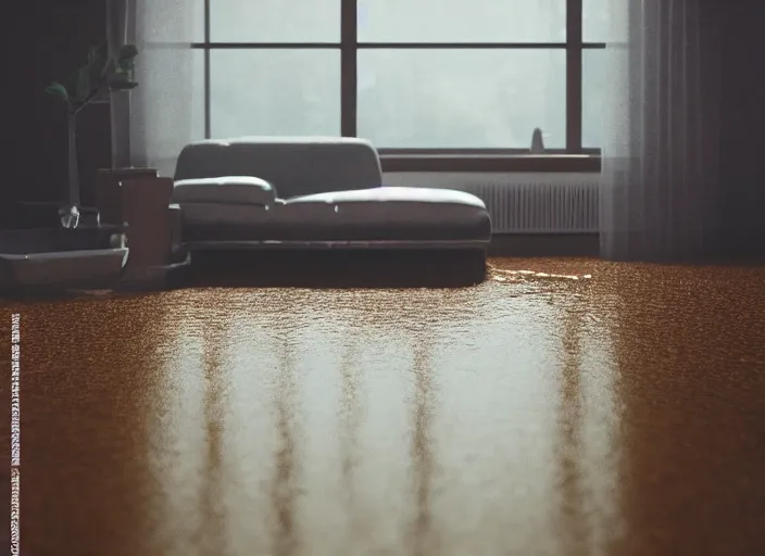 Image similar to kodak portra 4 0 0 photographic and realistic, 7 0 s living room, detailed, octane render, unreal engine, 4 k, artstation, hyper realistic, wide angle, floor flooded, how a river, objects that float, 3 5 mm, sharp focus, soft light, volumetric light fog, in the style of gregory crewdson