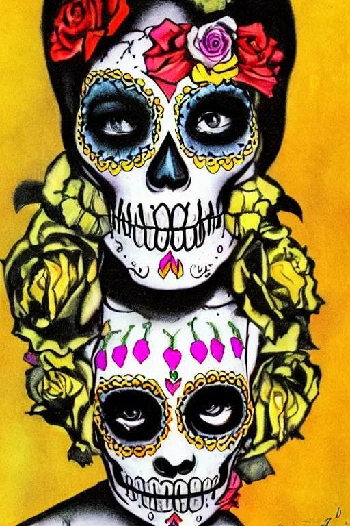 Prompt: Illustration of a sugar skull day of the dead girl, art by edward steichen
