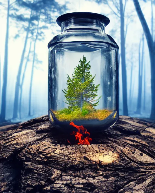 Prompt: glass jar with a burning forest inside, standing on a rock at the sea, bokeh, dark background, dramatic lighting, hyperrealistic, volumentric lighting, highly detailed