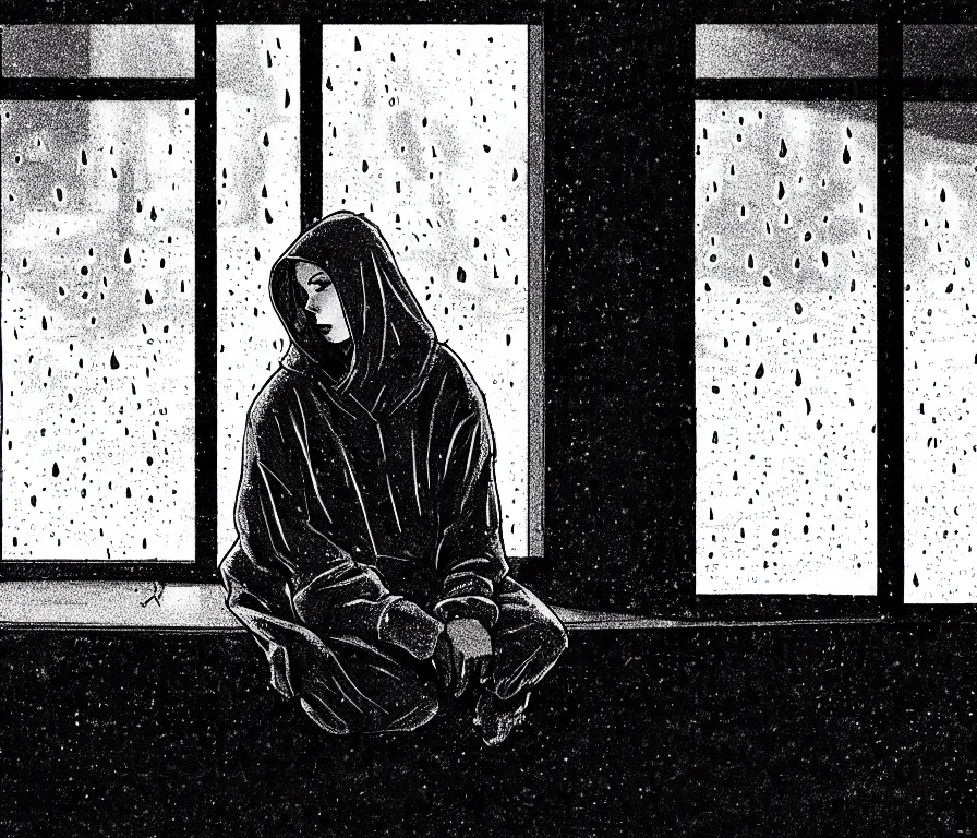 Image similar to sadie sink in hoodie sits on windowsill, knees tucked in | rain falls at night : storyboard, scifi cyberpunk. by chris bonura, joe alves, gabriel hardman. cinematic atmosphere, detailed and intricate, perfect anatomy