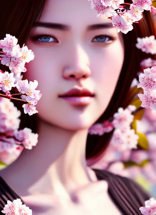 Image similar to photo of a gorgeous female in the style of stefan kostic, realistic, half body shot, sharp focus, 8 k high definition, insanely detailed, intricate, elegant, art by stanley lau and artgerm, extreme blur cherry blossoms background