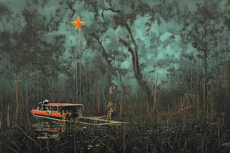 Image similar to scene from louisiana swamps, airboat, neon farm, big oak, pentagram, boy scout troop, voodoo artwork by tim eitel