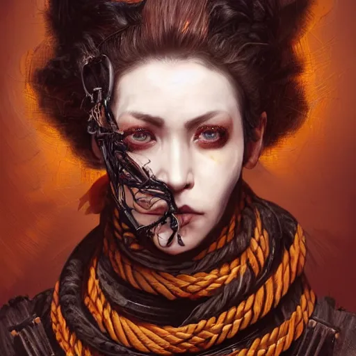 Image similar to portrait of a Shibari rope wrapped face and neck, headshot, insanely nice professional hair style, dramatic hair color, digital painting, of a old 17th century, old cyborg merchant, amber jewels, baroque, ornate clothing, scifi, realistic, hyperdetailed, chiaroscuro, concept art, art by Franz Hals and Jon Foster and Ayami Kojima and Amano and Karol Bak,