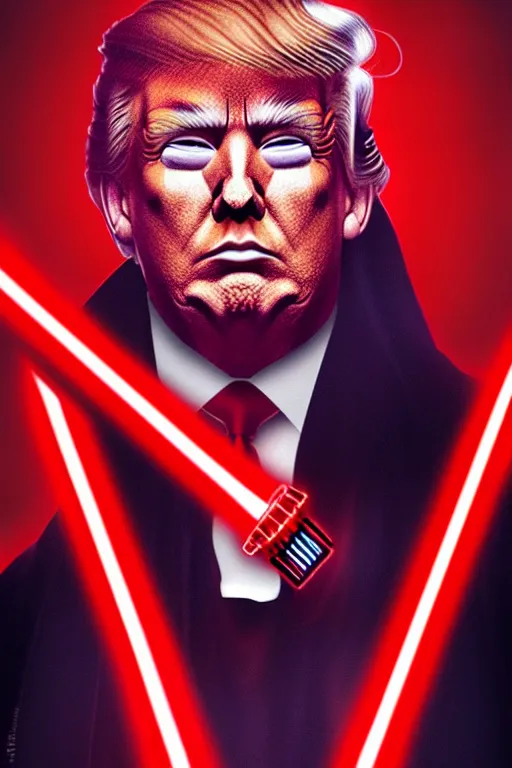 Image similar to Donald Trump as a Sith from Star Wars, red light saber, realistic portrait, symmetrical, highly detailed, cinematic lighting