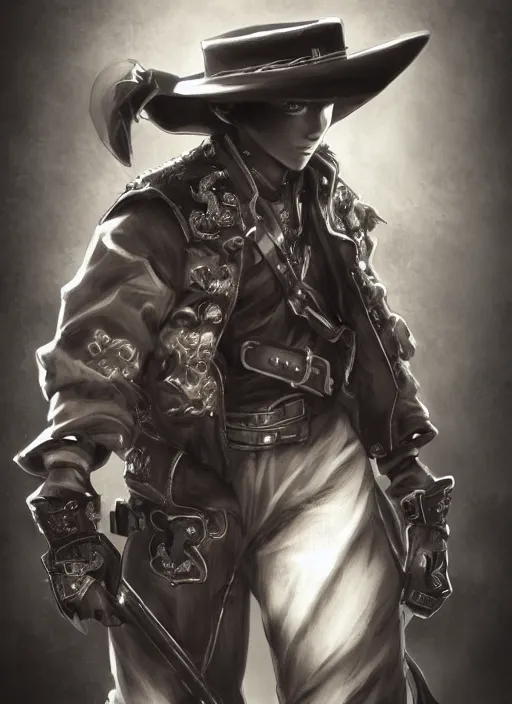 Prompt: a highly detailed illustration of kento yamazaki as a cowboy wearing black cowboy hat, dramatic smiling wielding revolvers pose, perfect face, intricate, elegant, highly detailed, centered, digital painting, artstation, concept art, smooth, sharp focus, league of legends concept art, wlop