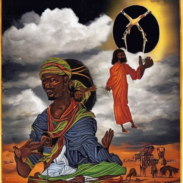 Prompt: UFO hovering over an African Jesus , clouds, in the style of Nigerian truck art (Eagle & Snake, Kano),