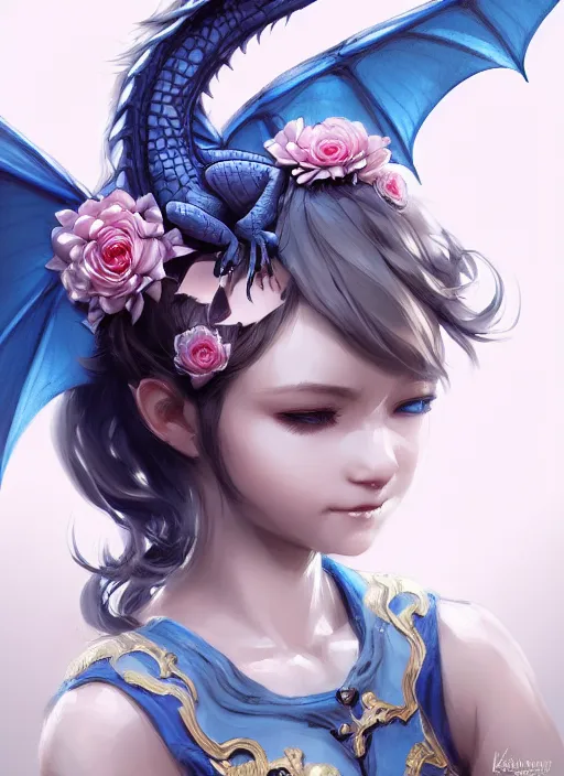 Prompt: cute baby dragon, black, white, blue, pink and gold color scheme, flowers, cool, highly detailed, artgerm, cushart krenz, artstation, soft light, sharp focus, illustration, character design, concept art