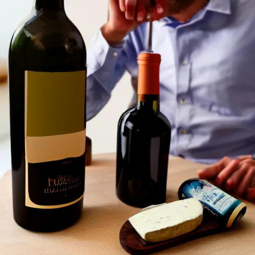 Prompt: photograph of a frenchman seated at a table with a bottle of wine and a cheese in 2 0 2 0. in color, 5 0 mm