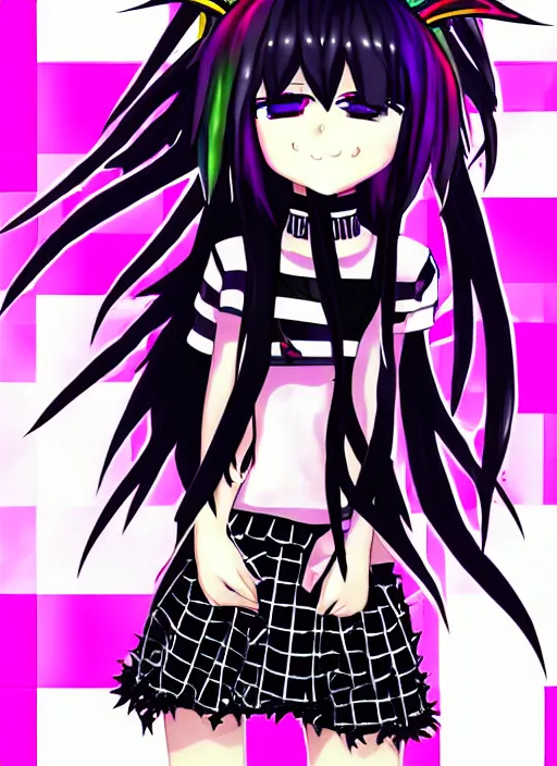 Image similar to emo anime girl, scene, rainbowcore, vhs monster high, glitchcore witchcore, checkered spiked hair, pixiv