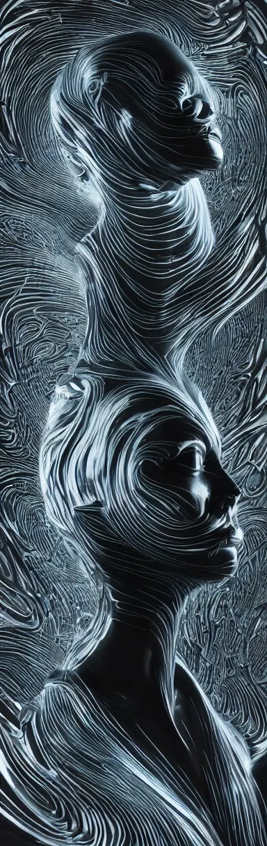 Image similar to epic illustration, digital abstract sculpt of beautiful female face silhouette and black swirling concrete acrylic portrait, black latex sculpt, octane render, mechanical superstructure, sacred geometry, glowing edges, magic hour, beautiful light, sculpture of carving marble, dark colors, dark mood, one point light, clockwork, epic matte painting, concept art, bokeh, digital painting, artstation