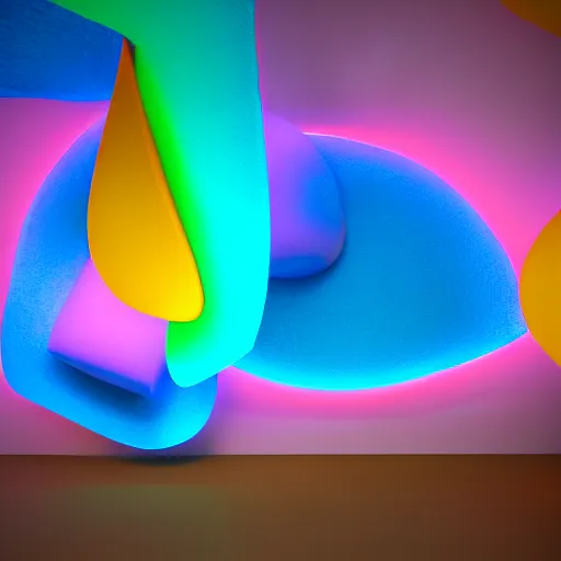 Prompt: : colorful abstract soft sculpture on the wall in modern architecture cinematic lighting, hyper - realistic, detailed, render by c 4 d octane, unreal engine, 8 k 3 d render