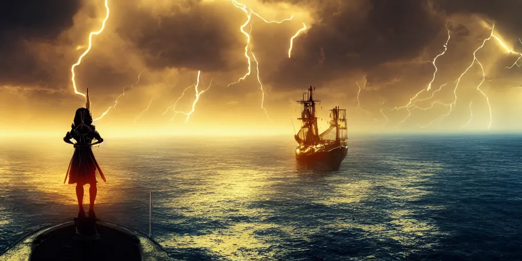 Image similar to epic medieval woman ship pilot standing at the bow of a ship at sea from behind, dramatic dark glowing golden neon sunset with thick wall of lightning storm clouds and violent seas, dynamic lighting, hyperrealistic, hd 4 k, artstation