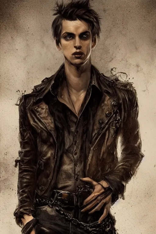 Prompt: a rough looking young man, very short brown hair, gothic, tattered leather coat, intricate, elegant, dramatic lighting, gorgeous face, highly detailed, lifelike, photorealistic, digital painting, artstation, illustration, concept art, smooth, sharp focus, art by John Collier and Albert Aublet and Krenz Cushart and Artem Demura and Alphonse Mucha