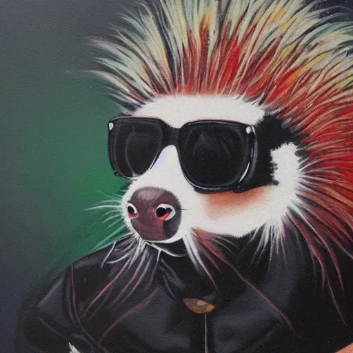 Image similar to skunk with shades walking from an explosion, front view, professional oil painting, highly detailed