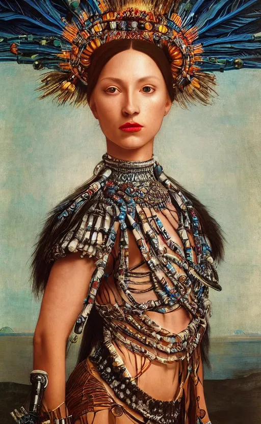 Prompt: native chieftain queen, piercing glowing eyes, elegant, fashion, vogue poses, striking composition, highly detailed ornate sci fi background, vivid details, amalgamation of nature and technology, wires, glowing tubes, beautiful composition, painting in the style of sandro botticelli, caravaggio, albrecth durer, 8k