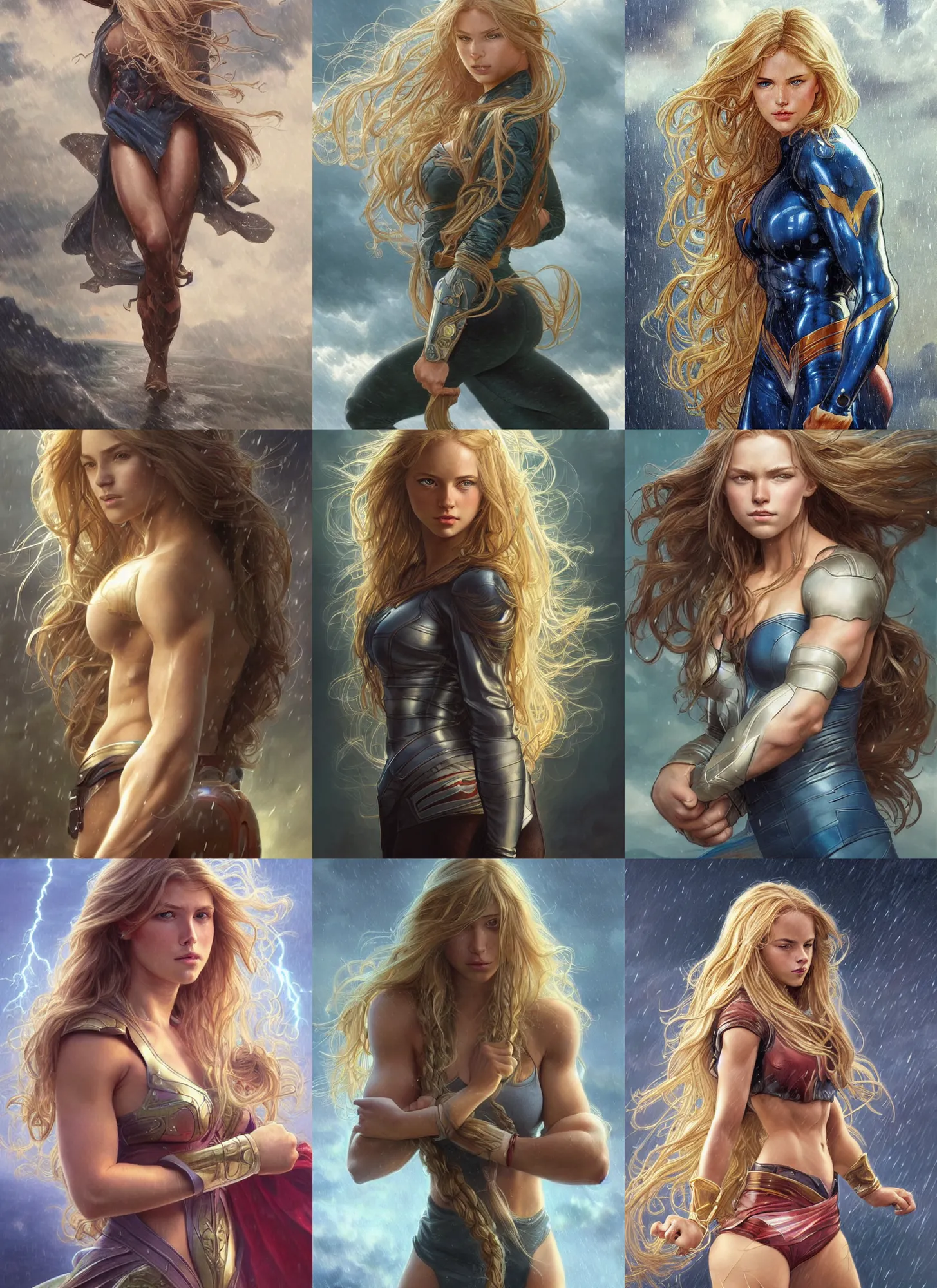 Prompt: a very muscled and very young superhero girl with a focused face and extremely long blonde wavy hair, light rain, thunder storm background, intricate detailed face, artgerm, greg rutkowski, alphonse mucha, francine van hove