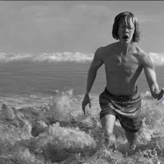 Image similar to photo realistic image of Matthew Lillard as ultra instinct shaggy, storming the beaches of Normandy in 1944, HD, Hollywood cinema, Christopher Nolan