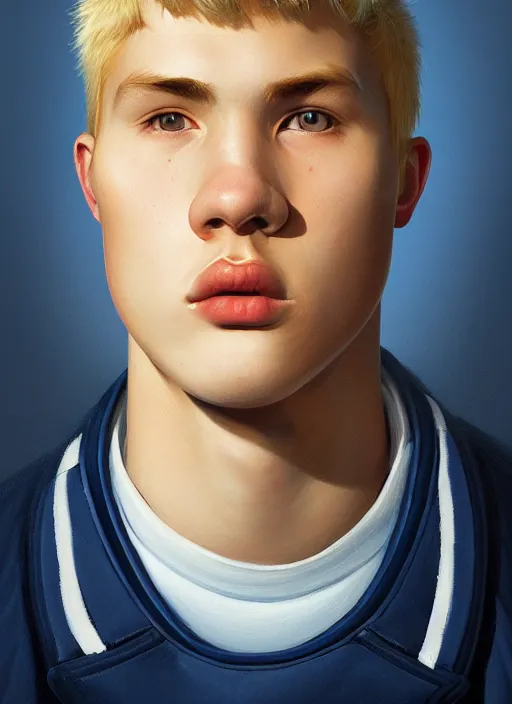 Image similar to portrait of high school senior boy named big moose, blonde short hair, jock, beefy, wide face, square jaw, square facial structure, blue varsity jacket with letter r, intricate, elegant, glowing lights, highly detailed, digital painting, artstation, concept art, sharp focus, illustration, art by wlop, mars ravelo and greg rutkowski