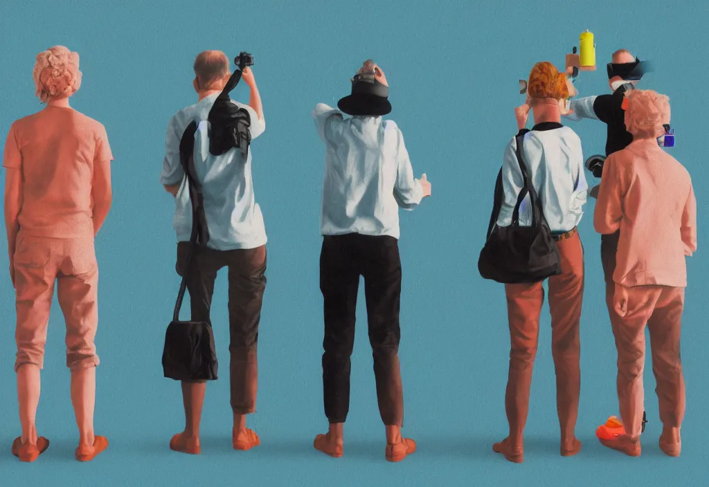 Image similar to full body portrait of a trio of european tourists with nikon cameras, rear views, character designs painting, in the style of wes anderson, rene magritte, lola dupre, david hockney, isolated on white background, dark monochrome neon spraypaint accents volumetric octane render