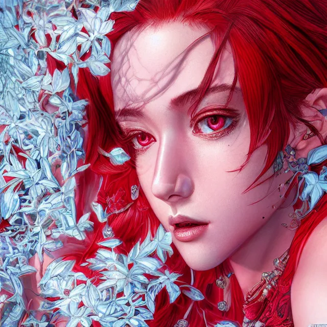 Image similar to portrait of a red gem ruby personified as an absurdly beautiful, elegant, young hypercolorful sensual gravure idol, ultrafine hyperrealistic detailed face illustration by kim jung gi, irakli nadar, intricate linework, sharp focus, bright colors, matte, octopath traveler, final fantasy, unreal engine highly rendered, global illumination, radiant light, intricate environment