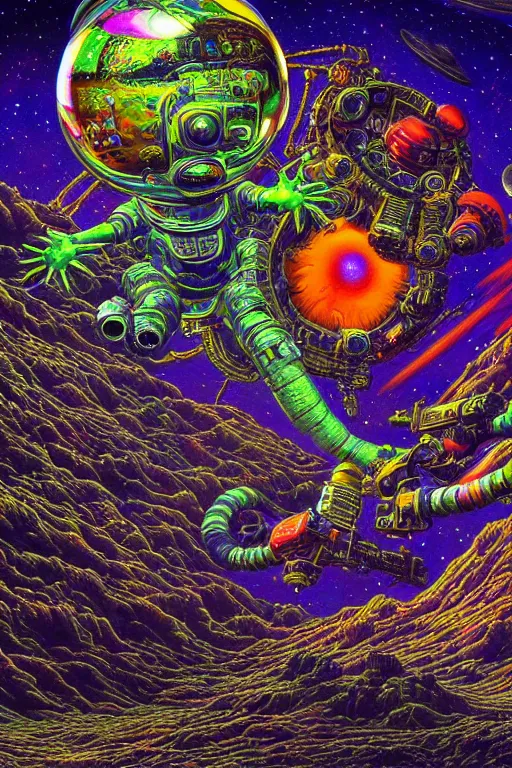 Prompt: maximalist detailed space scene lowbrow scifi artwork by kidsquidy influenced by glenn brown. ray tracing hdr polished sharp