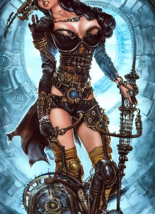 Image similar to front portrait of attractive Adriana Lima as Lady Mechanika hanging from a steampunk airship , Intrincate background with steampunk imagery , D&D!, fantasy style, sharp focus!, ultra detailed, art by Artgerm and Peter Andrew Jones, WLUP