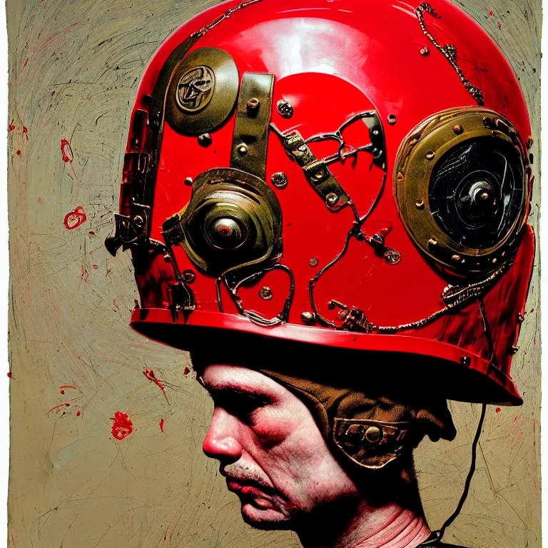 Image similar to portrait of a third reich soldier in ornate motorcycle dirt helmet in a helmet background red plastic bag, circuitboard,, rich deep colors, ultra detail, by francis bacon, james ginn, petra courtright, jenny saville, gerhard richter, zdzisaw beksinsk, takato yamamoto. masterpiece, elegant fashion studio ighting 3 5 mm