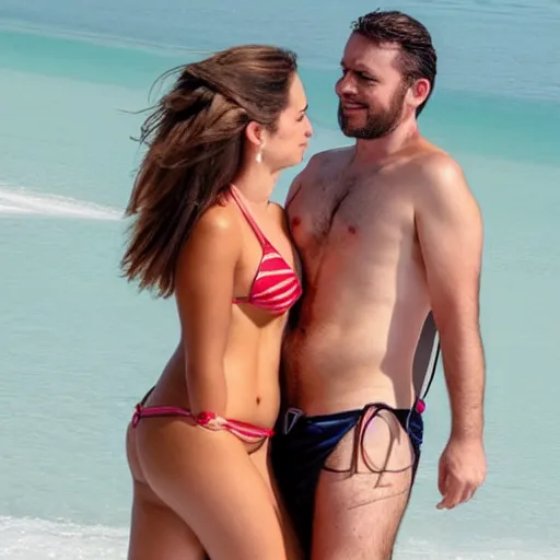 Image similar to photo of a 4 0 year old man that looks young for his age dating a very attractive 2 2 year old woman wearing a bikini. they seem to be into eachother.
