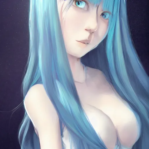 Image similar to full headshot portrait of a girl with long blue hair, drawn by WLOP, by Avetetsuya Studios, attractive character, colored sketch anime manga panel, trending on Artstation