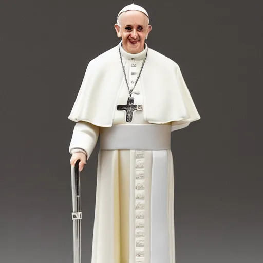 Image similar to action figure of pope francis. advertising photograph, photographic, hyperreal, 3 5 mm