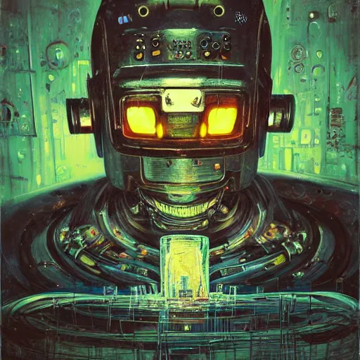 Image similar to low angle shot of A Robot With its head missing, gushing out oil from the hole, walking towards the viewer, neon color scheme, by Clive Barker , intricate, elegant, highly detailed, centered, digital painting, artstation, concept art, smooth, sharp focus, illustration, artgerm, Tomasz Alen Kopera, Peter Mohrbacher donato giancola, Joseph Christian Leyendecker, WLOP, Boris Vallejo.