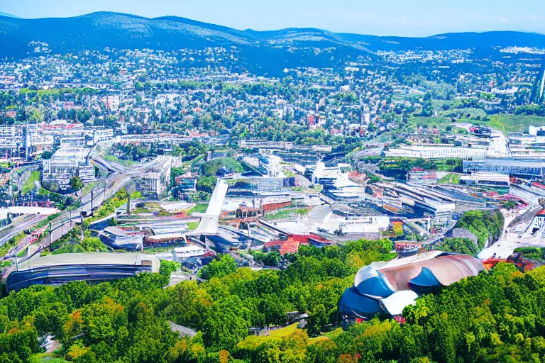 Image similar to bird's eye view photography of a small city. town hall, central farm, monorail station, beach and shipping dock. hills, woods and lake to the north.