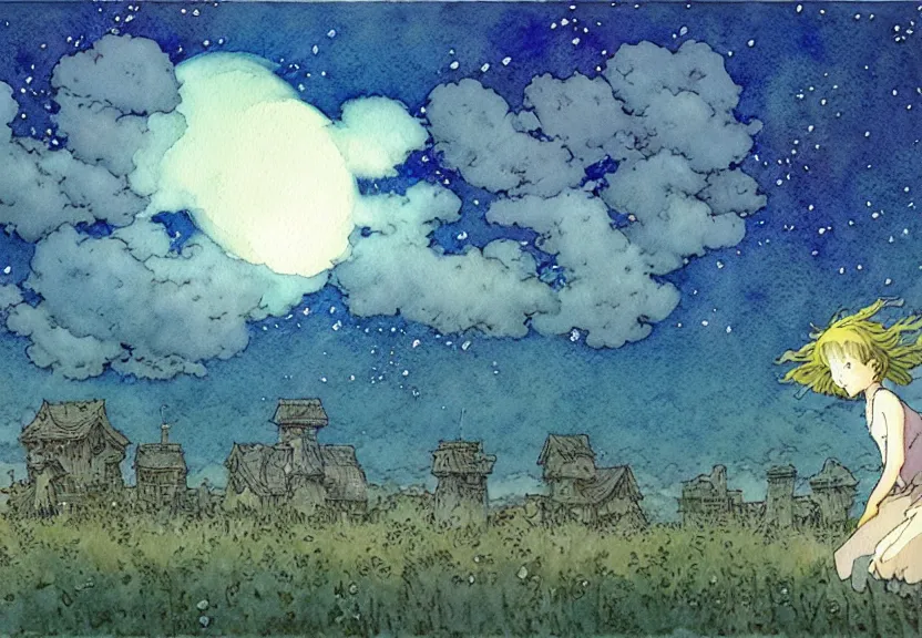 Image similar to a simple watercolor studio ghibli movie still fantasy concept art of a giant grey cube floating in the air. it is a misty starry night. by rebecca guay, michael kaluta, charles vess