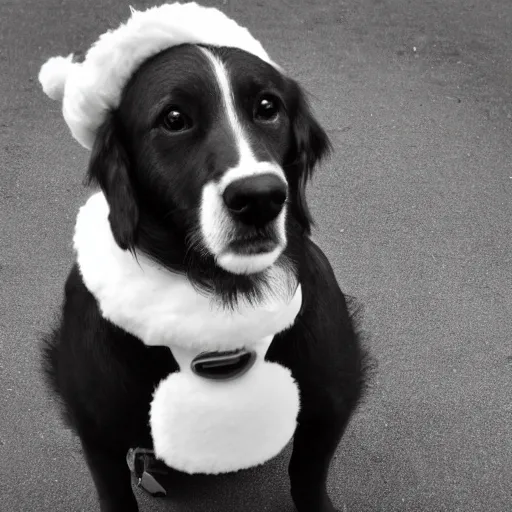 Image similar to santa's little helper dog as a real person, black and white photo