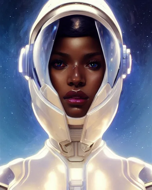 Image similar to Portrait of very very very very very very beautiful black woman, spacesuit, futuristic cybernetic helmet, blue eyes, real life skin, intricate, elegant, highly detailed, artstation, concept art, smooth, sharp focus, art by artgerm and greg rutkowski and alphonse mucha