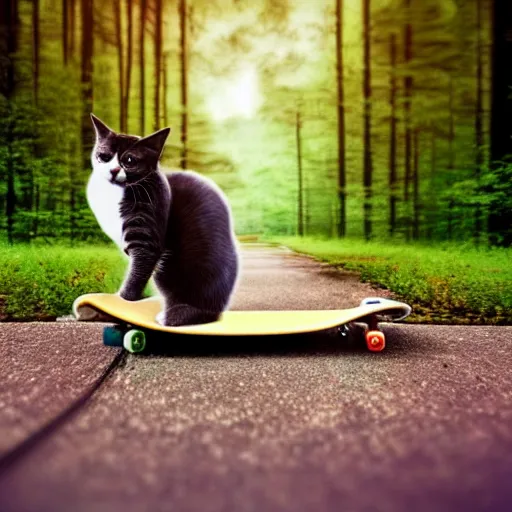 Prompt: a cat riding a skateboard in a forest, digital art