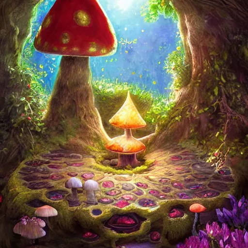 Prompt: the interior of a celestial dainty fairy cottage in a tree trunk decorated beautifully, lots of cute fairy design elements like toadstool mushrooms, warm sunlight shining in, lots of plants and flowers, concept art 8 k resolution, fantasy illustration, detailed painting, and deep color