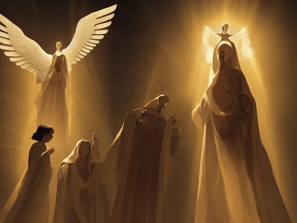 Image similar to the annunciation with mary on the left and archangel on the right, with a beam of light coming down from the top right towards mary on the left, by goro fujita, trending on artstation, 8k, highly detailed, digital graphic art