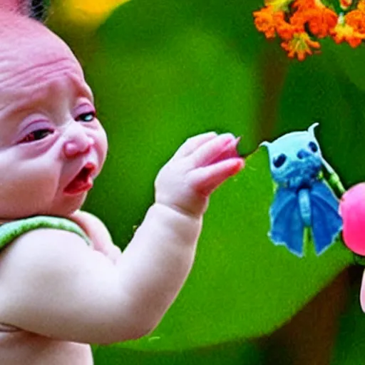 Prompt: baby yoda reaches for a colorful baby butterfly flying and tries to gobble it down