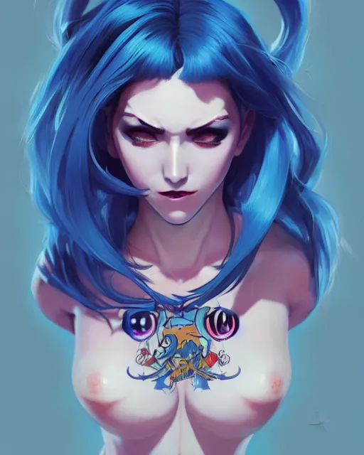 Image similar to beautiful female blue hair tattoo symmetrical face eyes full length fantasy art Video game icon, 2d game art gta5 cover , official fanart behance hd artstation by Jesper Ejsing, by RHADS, Makoto Shinkai and Lois van baarle, ilya kuvshinov, rossdraws