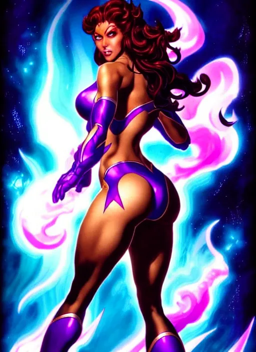 Image similar to front portrait hands behinds pose of attractive Starfire with wavy hair using white gloves, hands behind her pose!, Intricate overlay flames imagery , D&D!, fantasy style, sharp focus!, ultra detailed, art by Artgerm and Peter Andrew Jones, WLUP