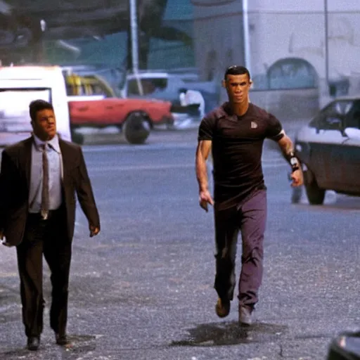 Image similar to movie still of cristiano ronaldo as Hanna in the movie Heat,