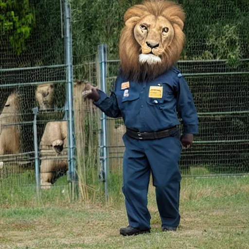Prompt: a realistic lion walking upright wearing a zoo keepers uniform pretending to be a human trying to escape a zoo
