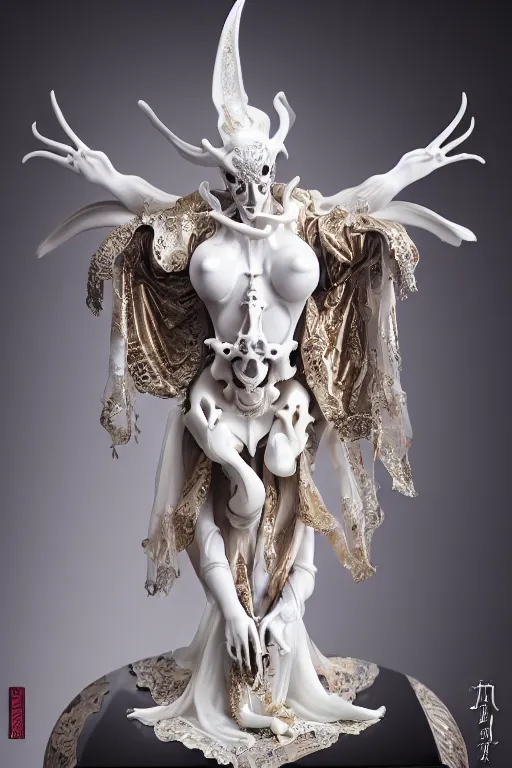Prompt: white porcelain statue of boned matte sacred demon goddess, sculpture with metallic polished intricated surface, dressed with a colorful torn silk cloak and chrome ornaments, made by antonio corradini, and dug stanat macabre art, dark surrealism, epic and cinematic view, volummetric light, texturized, detailed, 8 k